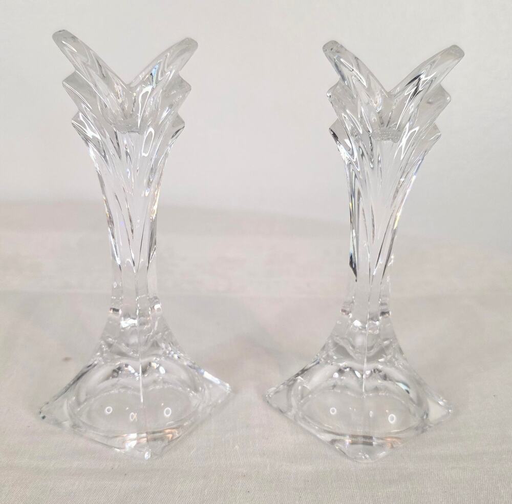 Pair Mikasa Deco Art Crystal Candle Holders 5 1/2" Tall Hollywood Regency Retro